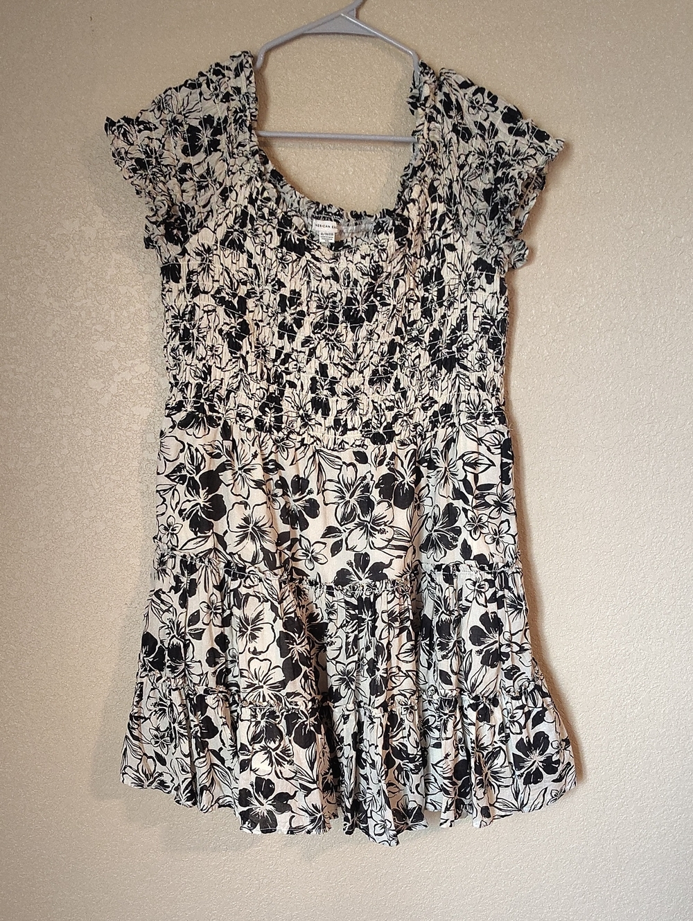 American Eagle Outfitters Black and White Floral Smocked Dress